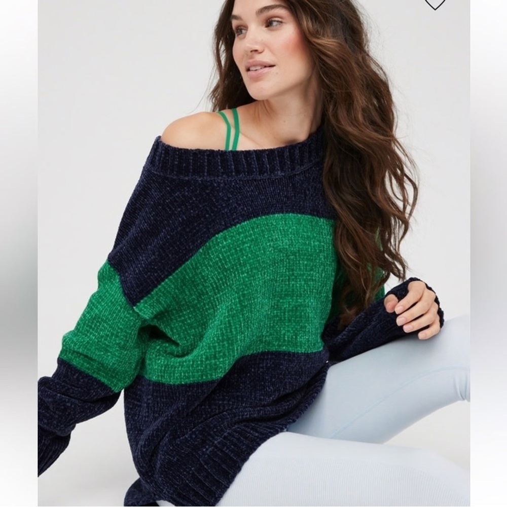 Aerie Offline Sweater Chenille Pullover Womens Small Relaxed Blue Green Soft